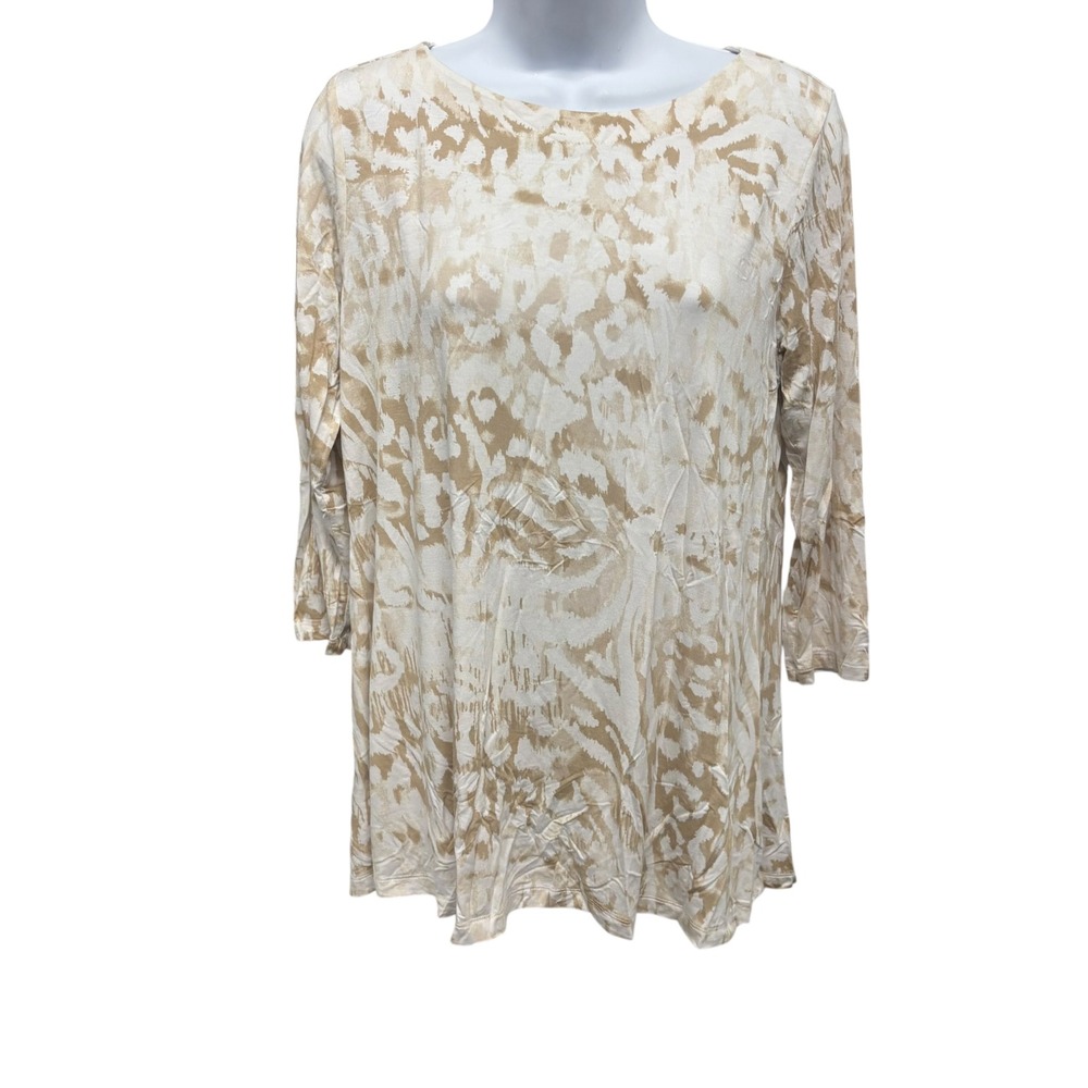 Belle by Kim Gravel Womens XS Tan Cream Abstract Animal Print 3/4 Sleeve Top